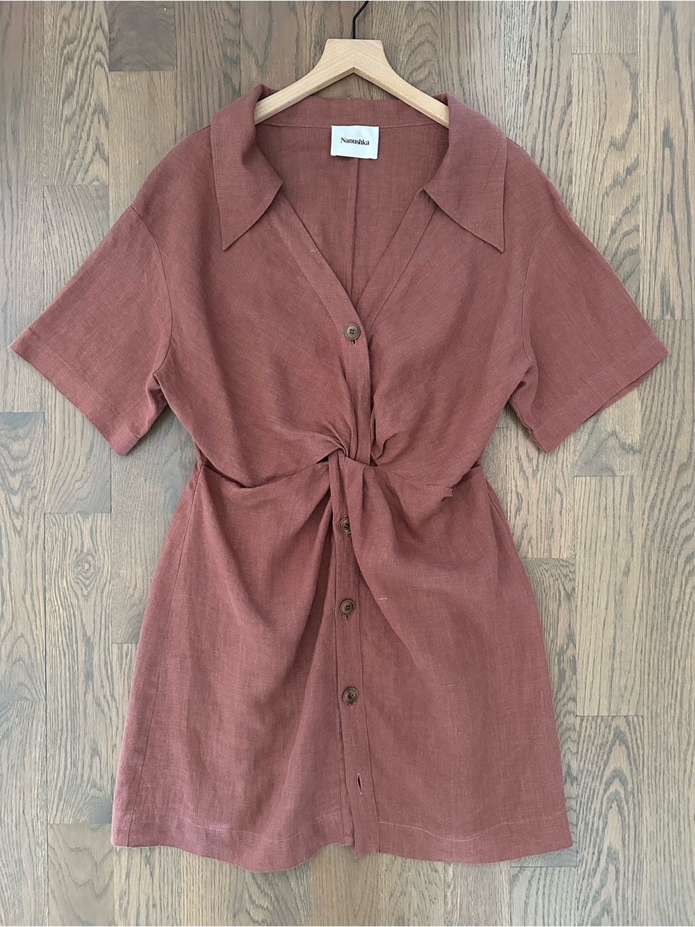 Nanushka Taiga Linen Short Sleeve Twist Shirt Dress Rust Brown Size Large